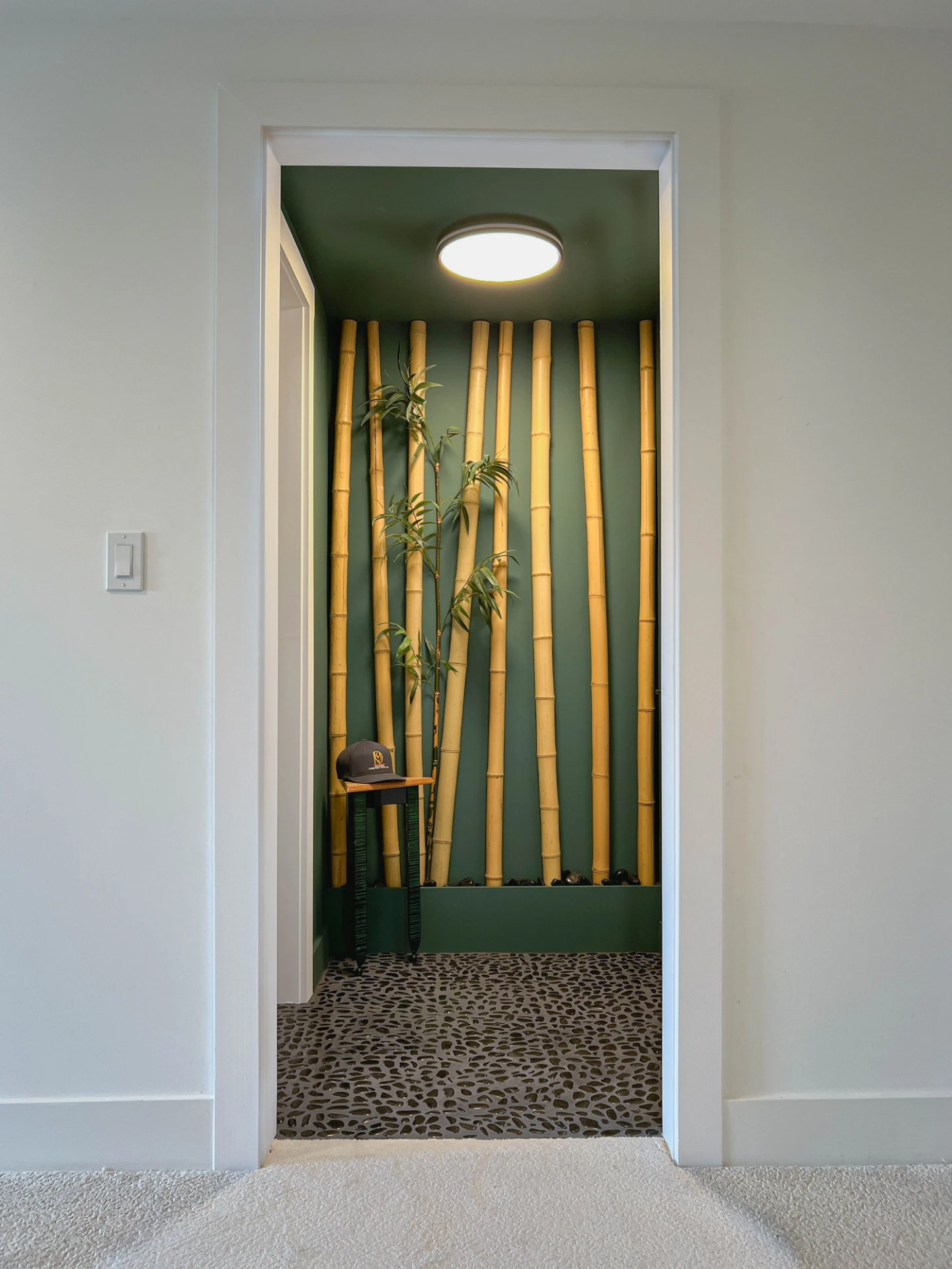 Doorway into a small bathroom finished in green with bamboo detailing