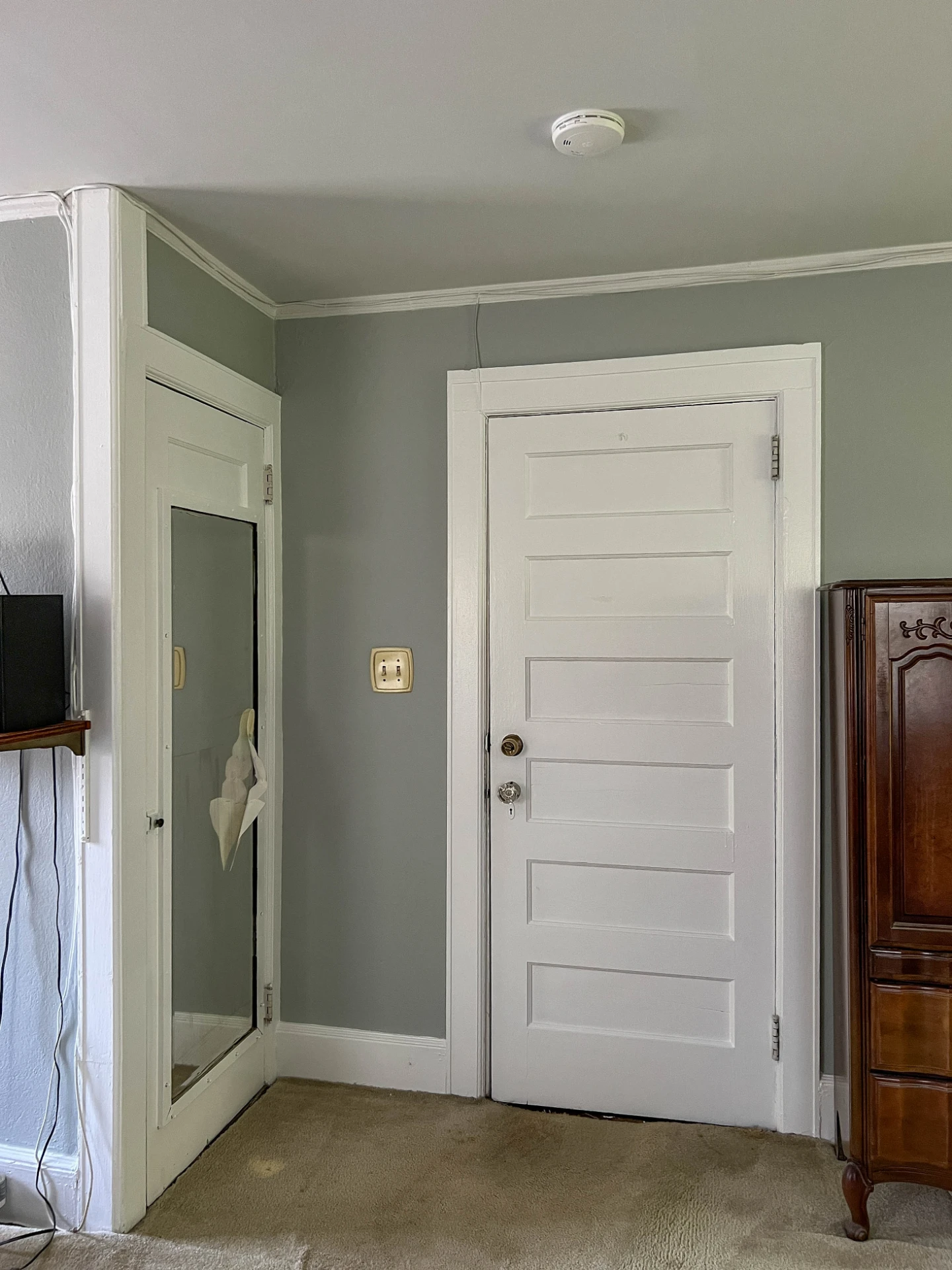 Room finished in sage green paint with white trim and a panelled door